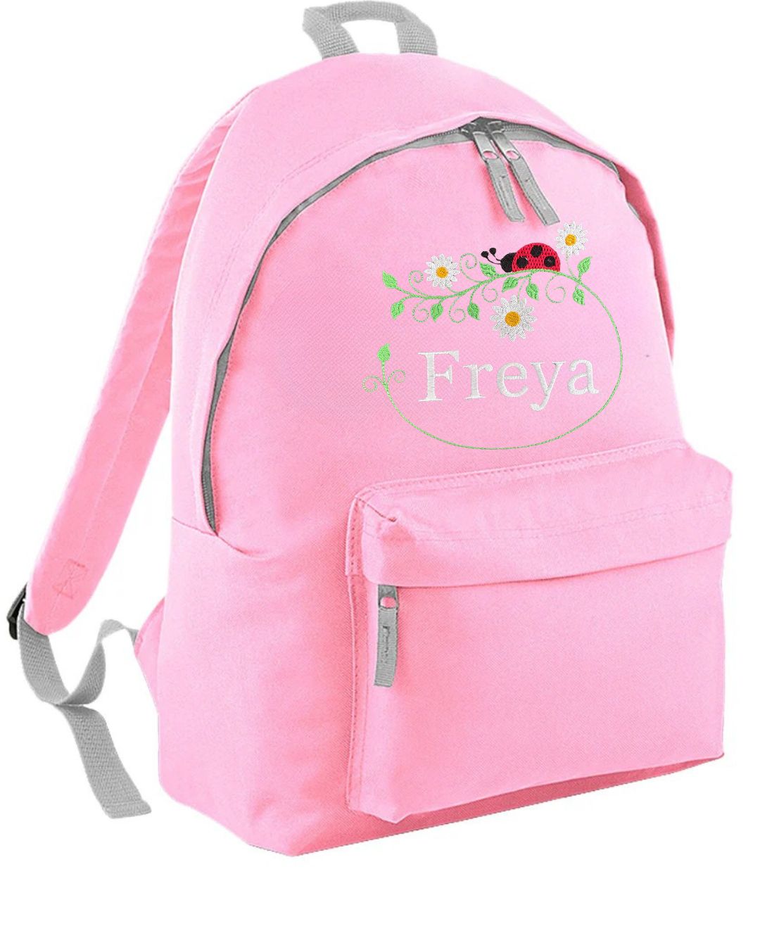 NEW DESIGN! Rucksack personalised with embroidered name and ladybird with flowers. Backpack ideal for Primary, Junior, Infant school bag. Choice of colours