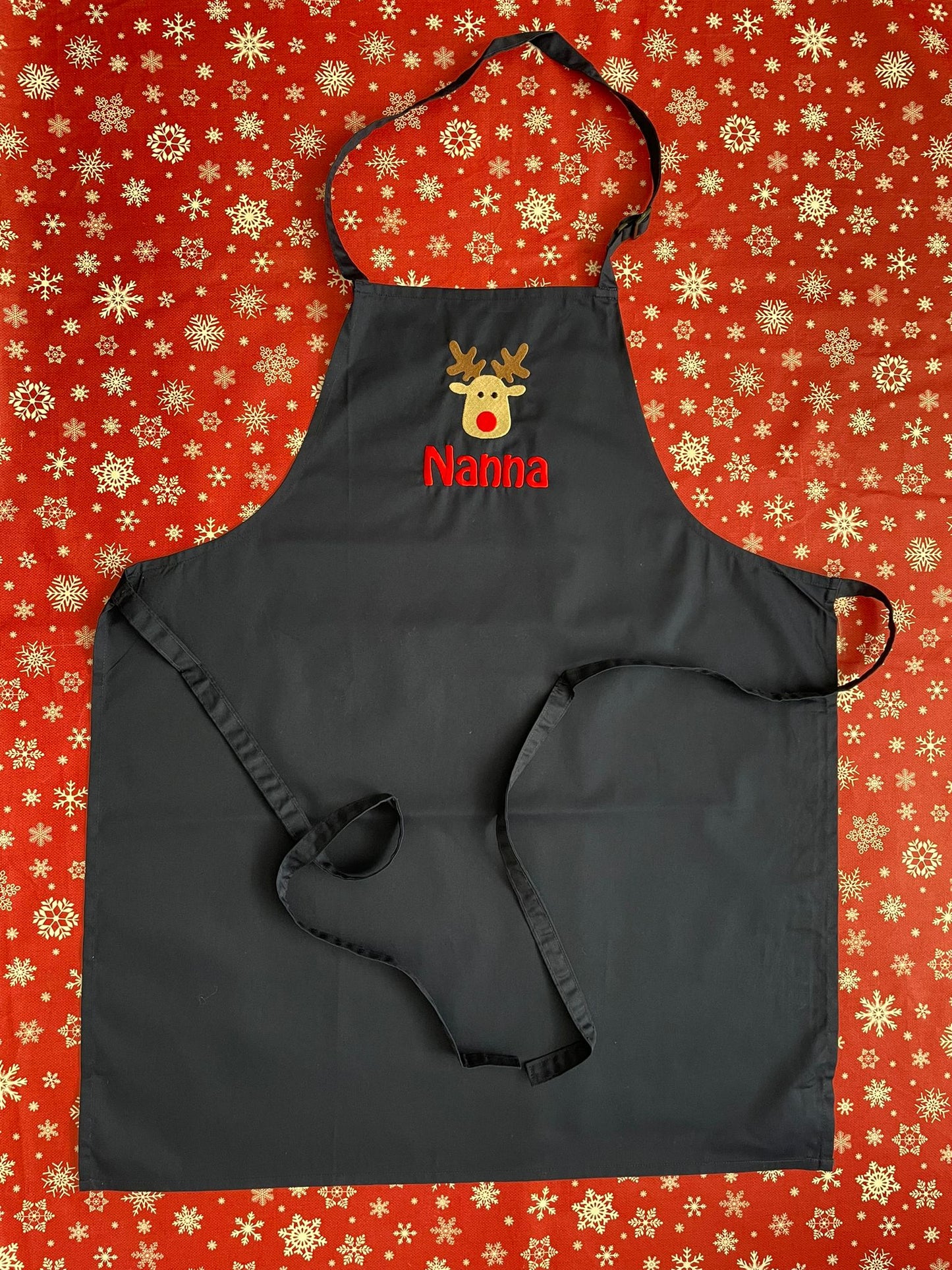 Christmas Embroidered apron, personalised with Rudolf & name. High quality