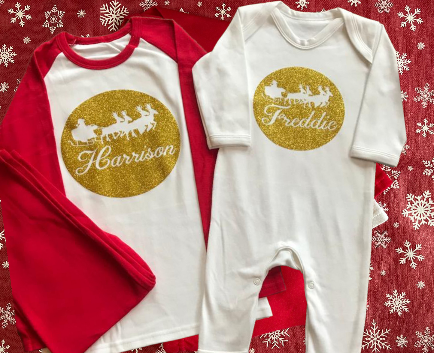 Christmas pyjamas personalised with sparkly name. Matching, Gift, keepsake, high quality, soft, PJ's - Sleigh