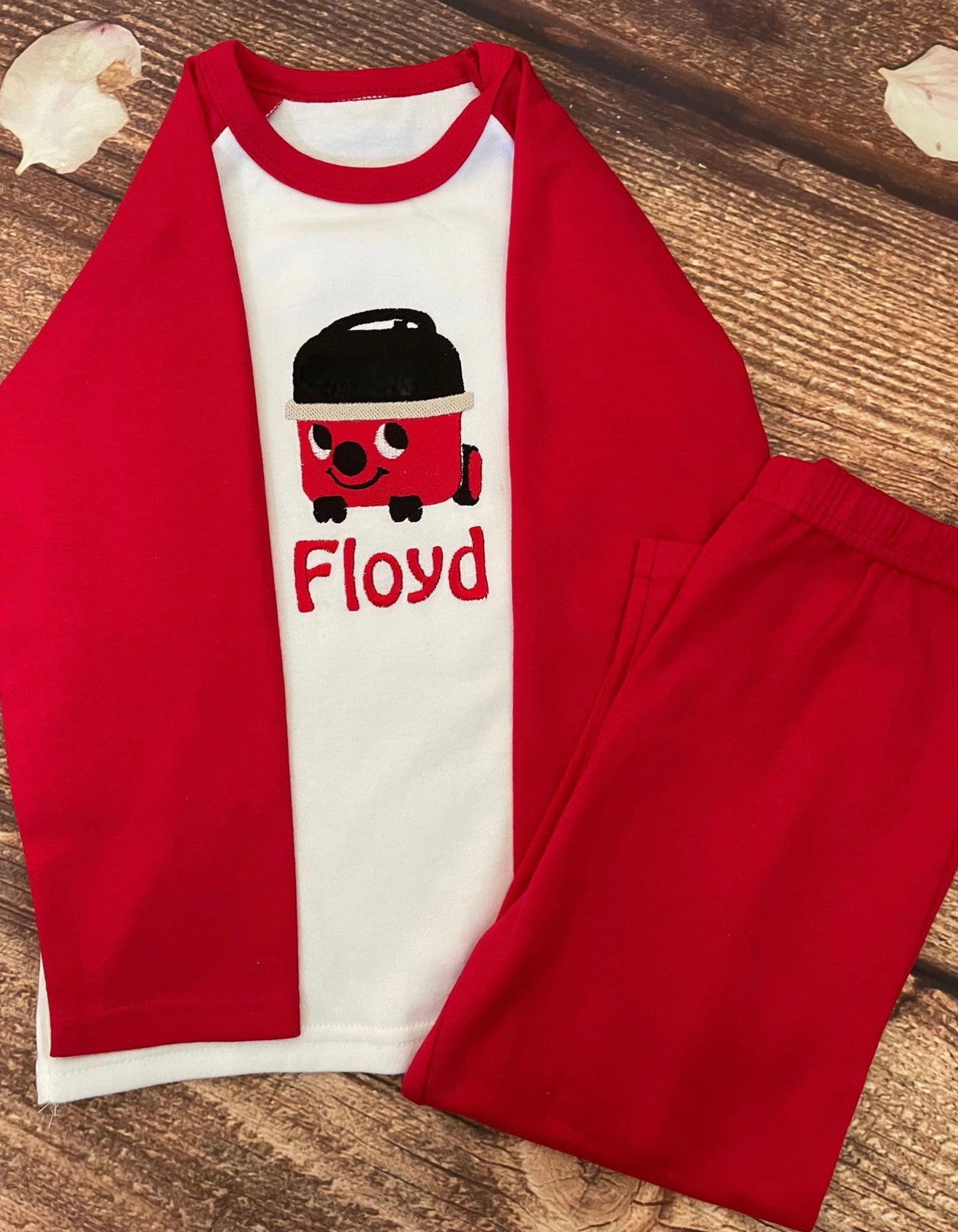 Personalised Pyjamas, embroidered with name & red hoover design. Gift, keepsake, high quality, soft, PJ's