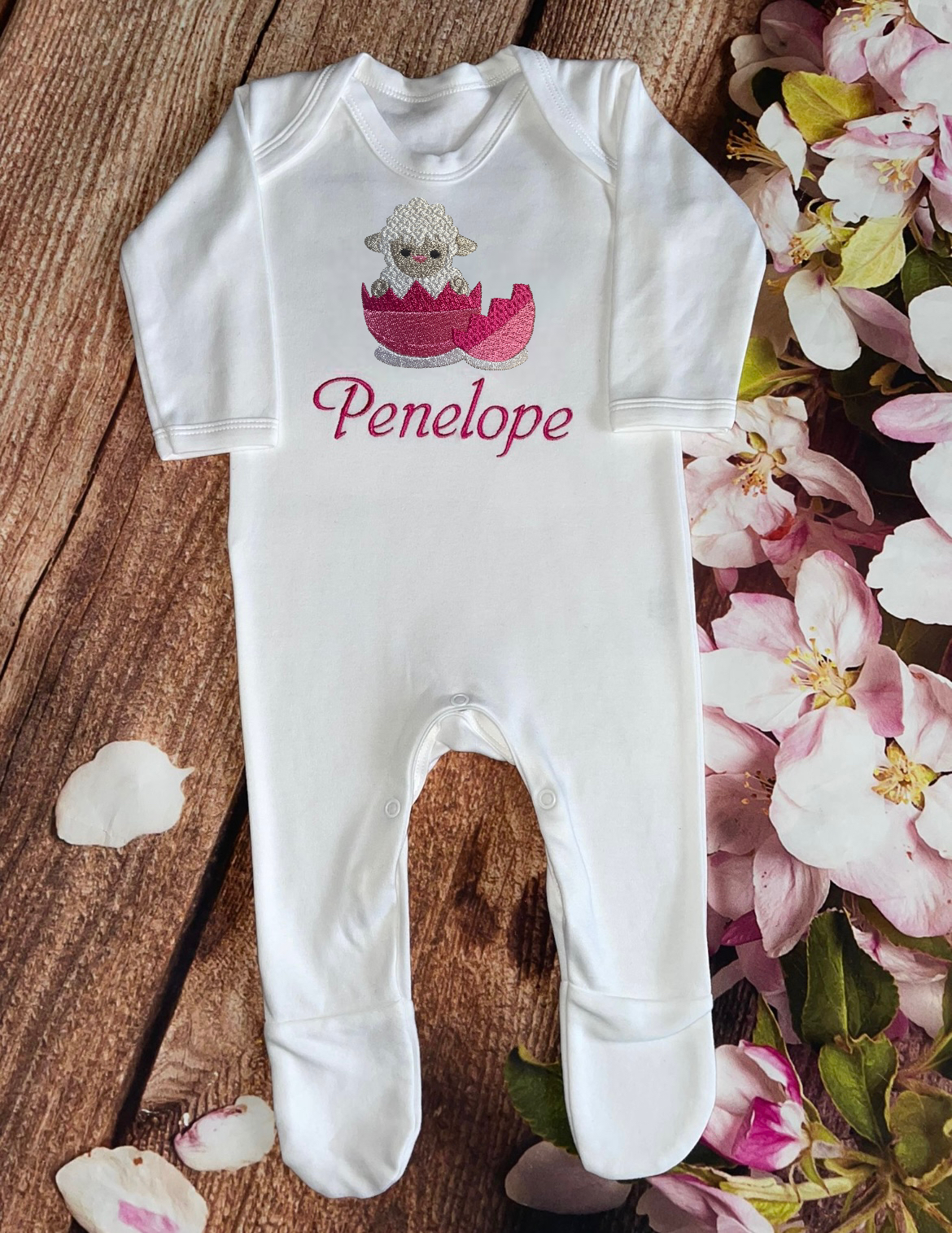 NEW design - Hatching Lamb Personalised Easter Embroidered 100% Cotton Pyjamas, keepsake PJ's