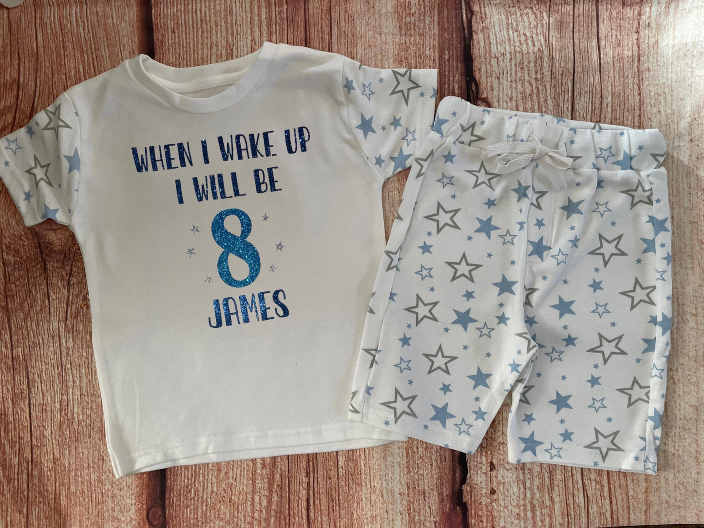 Birthday Sparkly Personalised Pyjamas, keepsake, Gift PJ, Shorts & T-shirt design