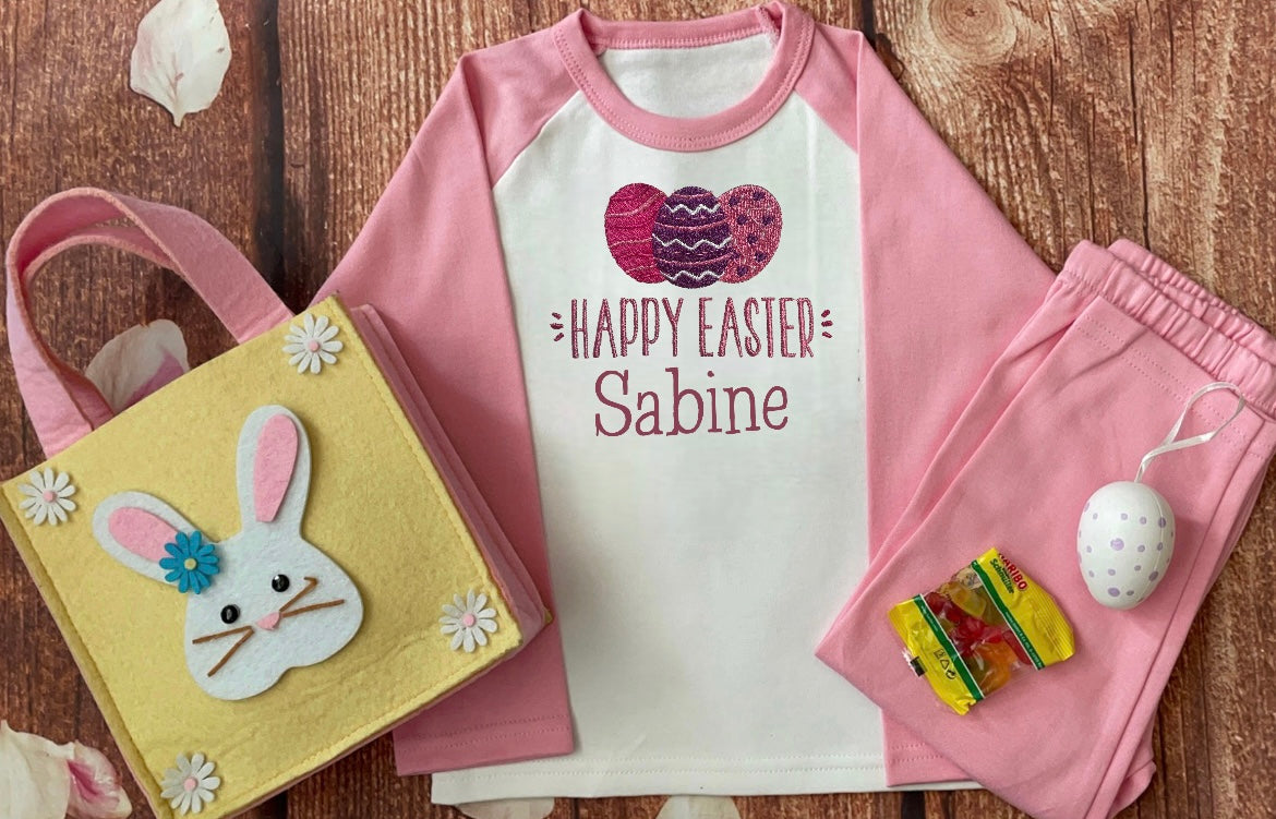 NEW design - Easter Eggs Personalised Embroidered 100% Cotton Pyjamas, keepsake PJ's