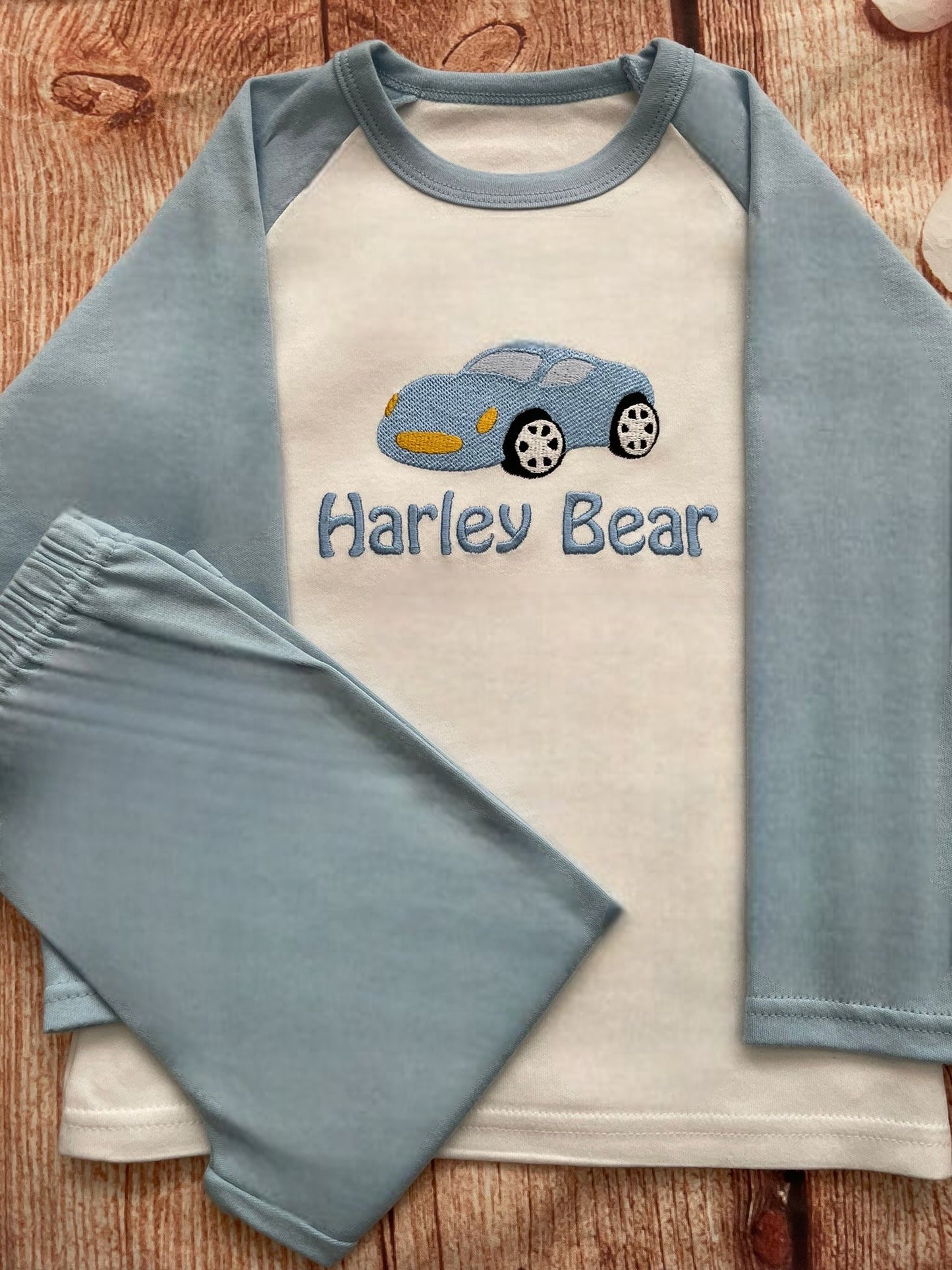 Personalised Pyjamas, embroidered with name & choice of transport design. Gift, keepsake, high quality, soft, PJ's