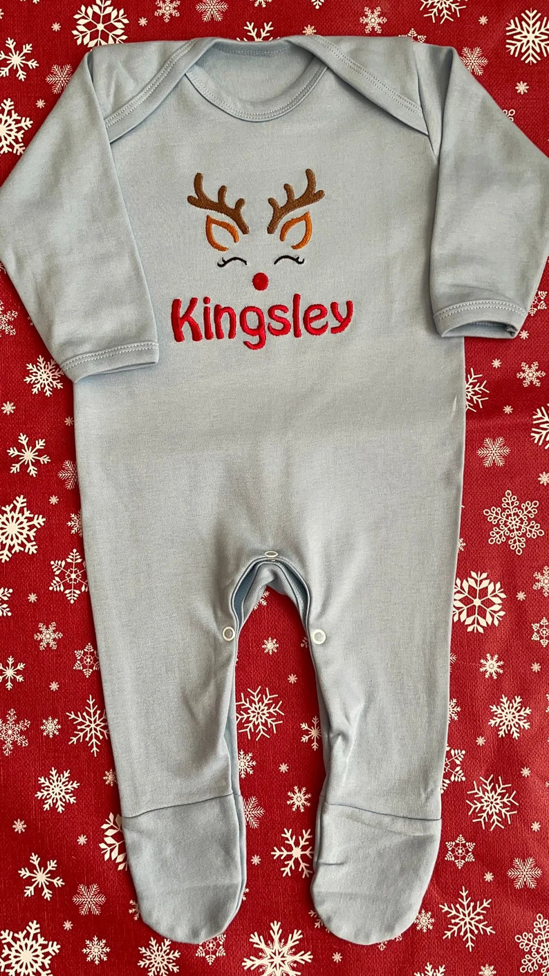 Sleeping reindeer Christmas pyjamas, embroidered & personalised with name. Matching, Gift, keepsake, high quality, soft, PJ's