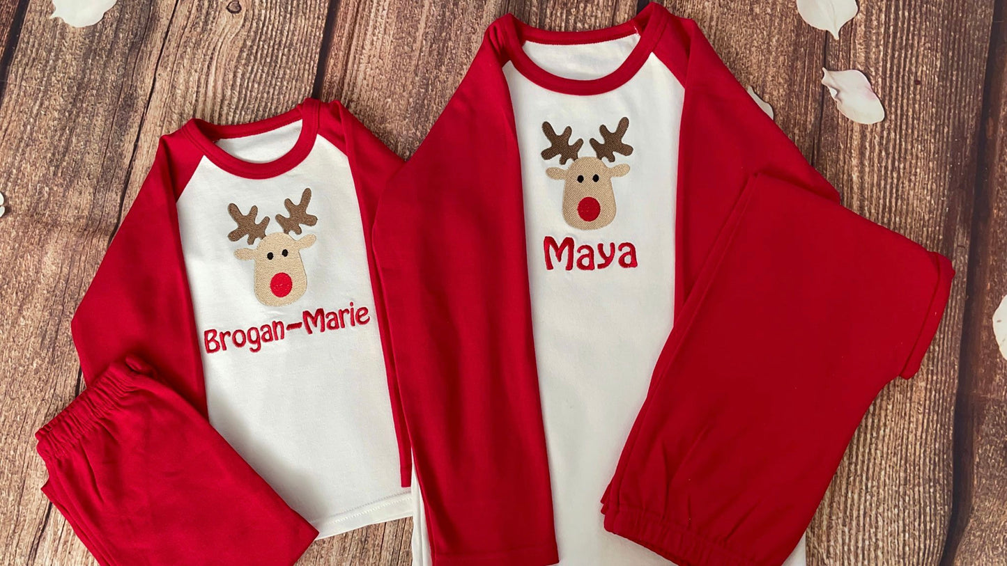 Rudolf Christmas pyjamas, embroidered & personalised with name. Matching, Gift, keepsake, high quality, soft, PJ's