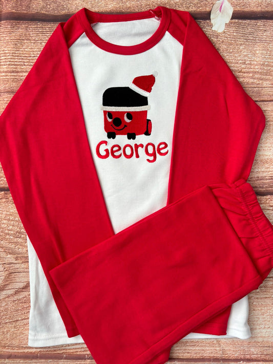 Christmas Henry Personalised Pyjamas. Embroidered with name & red hoover design.