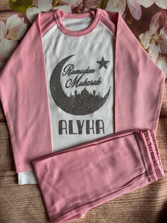 Ramadan Mubarak Personalised Printed Sparkly Pyjamas, choice of colours and sizes