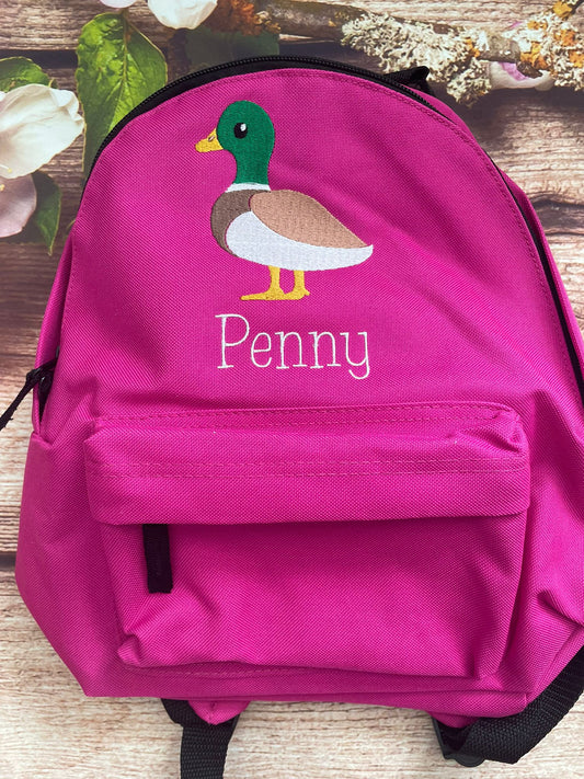 Personalised Nursery / Pre-School mini embroidered rucksack. Choice of colour bag. Childs small rucksack, Duck design.