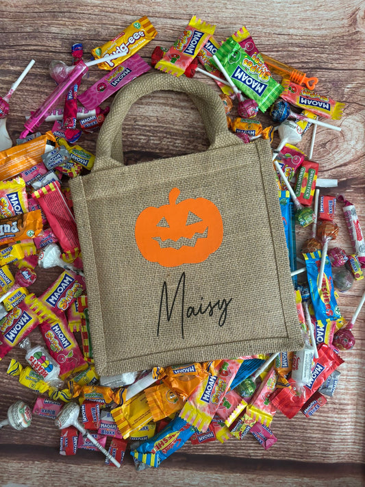 Halloween trick or treat bags personalised with name. Hessian tote jute bag.