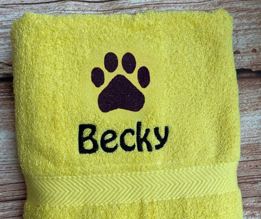 Large Dog Towel, Embroidered with paw print and name, choice of colours