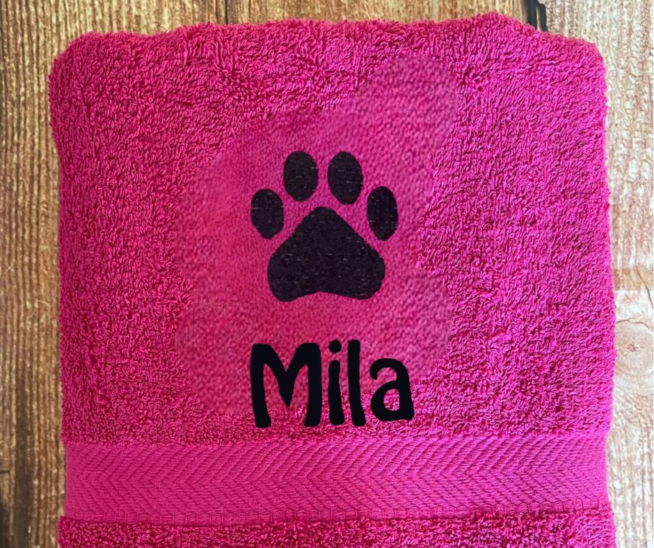 Large Dog Towel, Embroidered with paw print and name, choice of colours