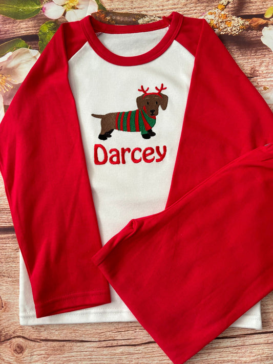 NEW! Dachshund Christmas pyjamas, embroidered & personalised with name.