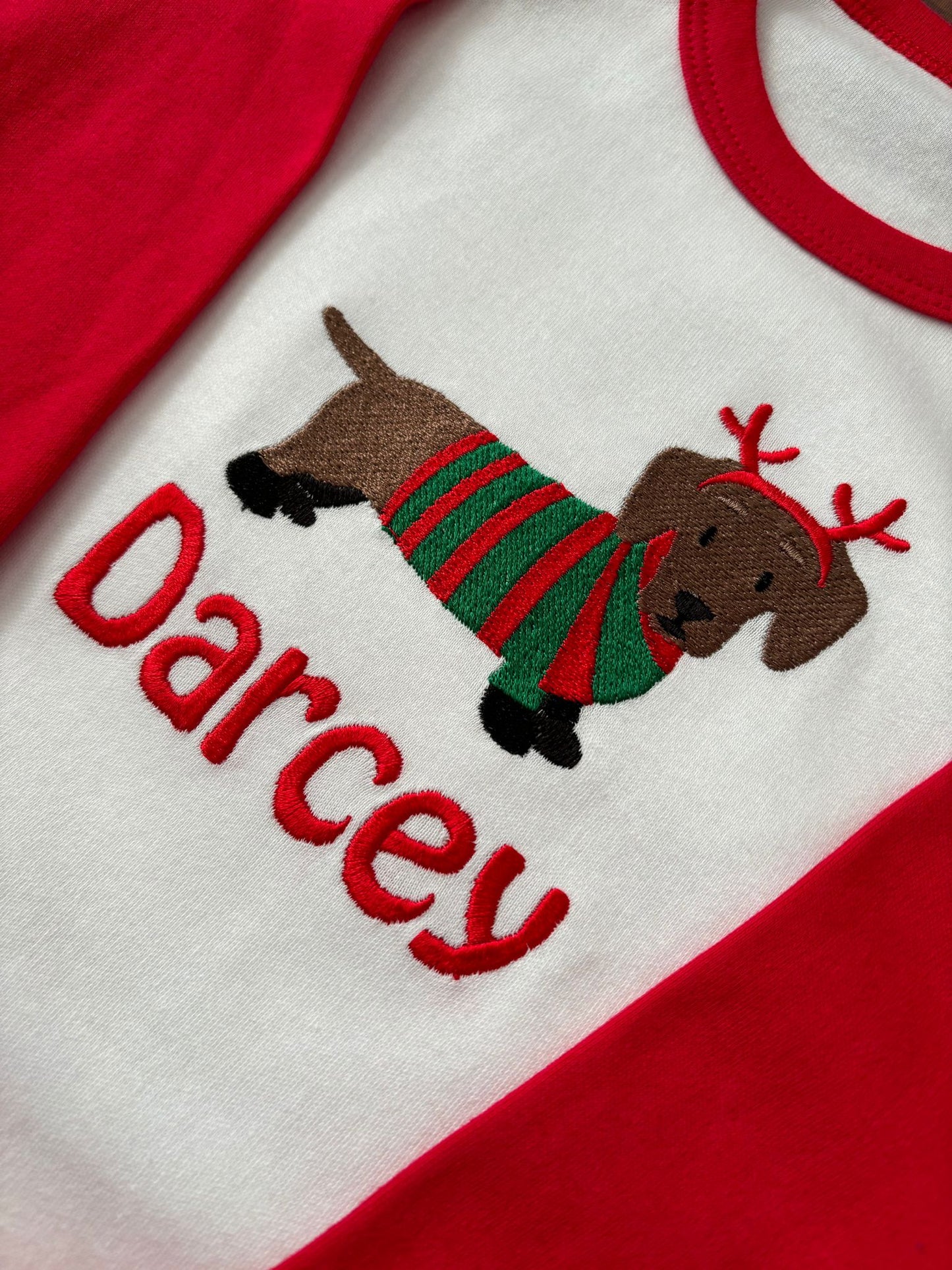 NEW! Dachshund Christmas pyjamas, embroidered & personalised with name.