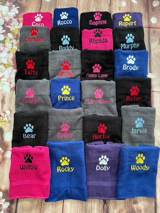 Small Dog towel, personalised with embroidered paw print and pet name.