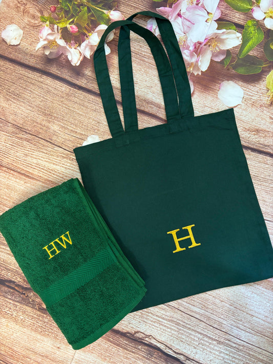 Personalised Tote Bag and Towel Set with Embroidered Initials