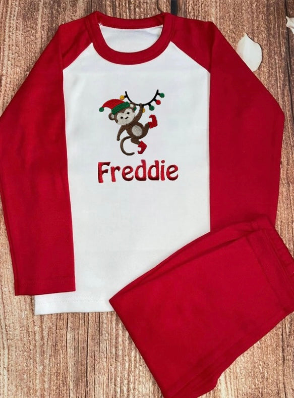 NEW! Monkey Elf Christmas pyjamas, embroidered & personalised with name.