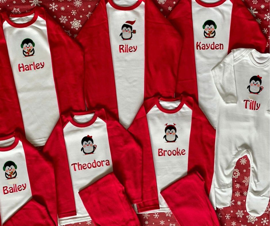 NEW! Penguin Family Christmas pyjamas, embroidered & personalised with name.