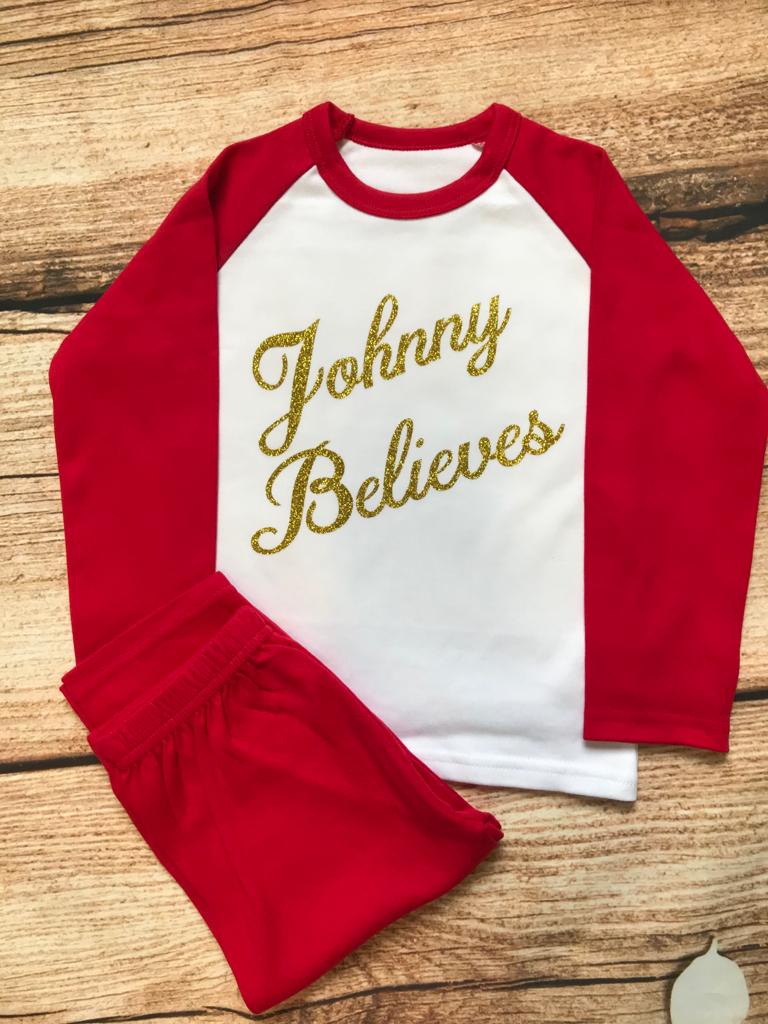 Personalised Christmas Pyjamas - 100% cotton xmas gift. Christmas eve - Believes