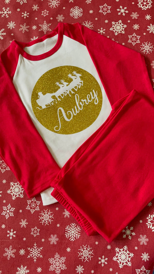 Christmas pyjamas personalised with sparkly name. Matching, Gift, keepsake, high quality, soft, PJ's - Sleigh