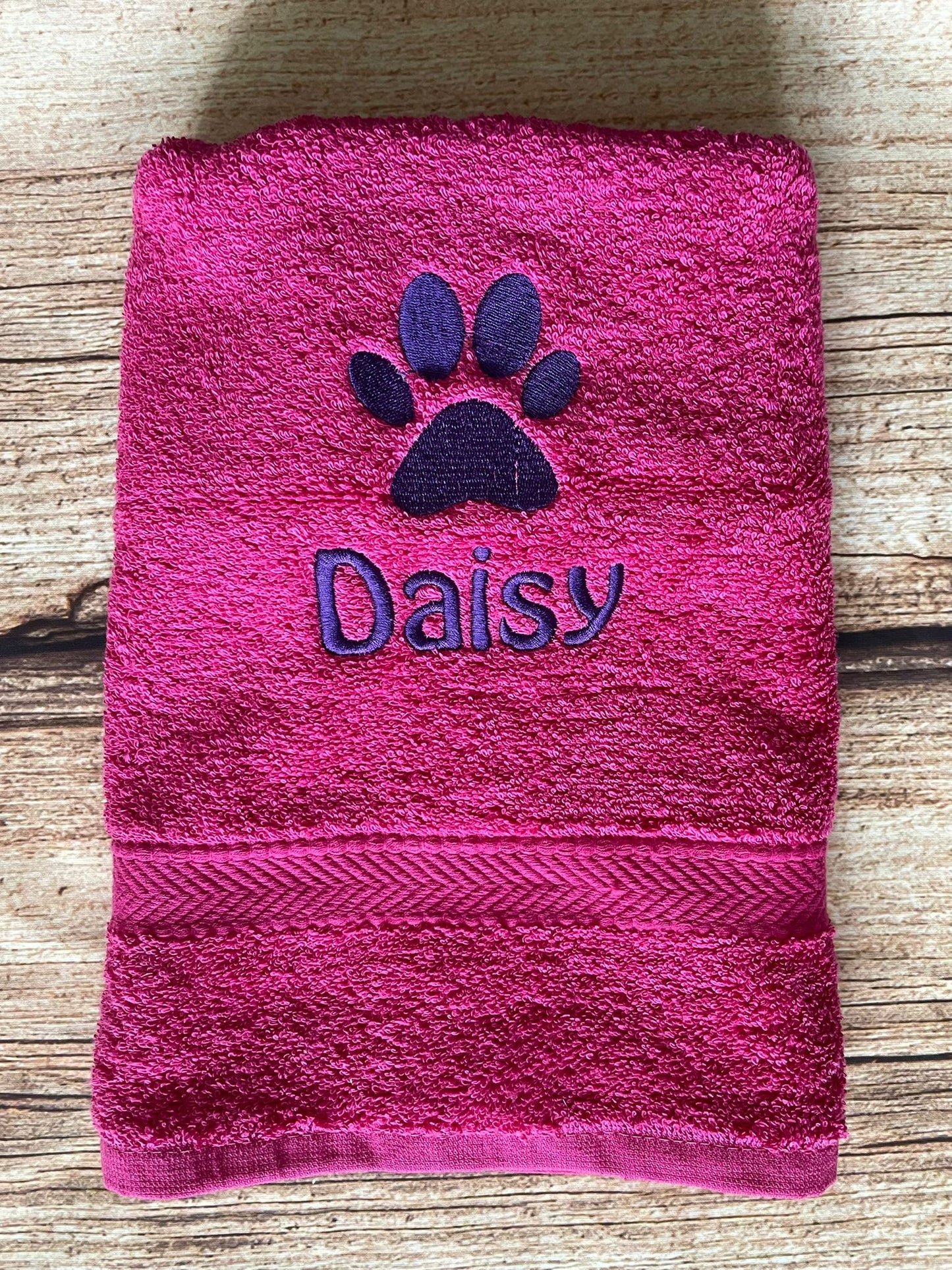 Dog towel, personalised with embroidered paw print and pet name. Ideal gift.