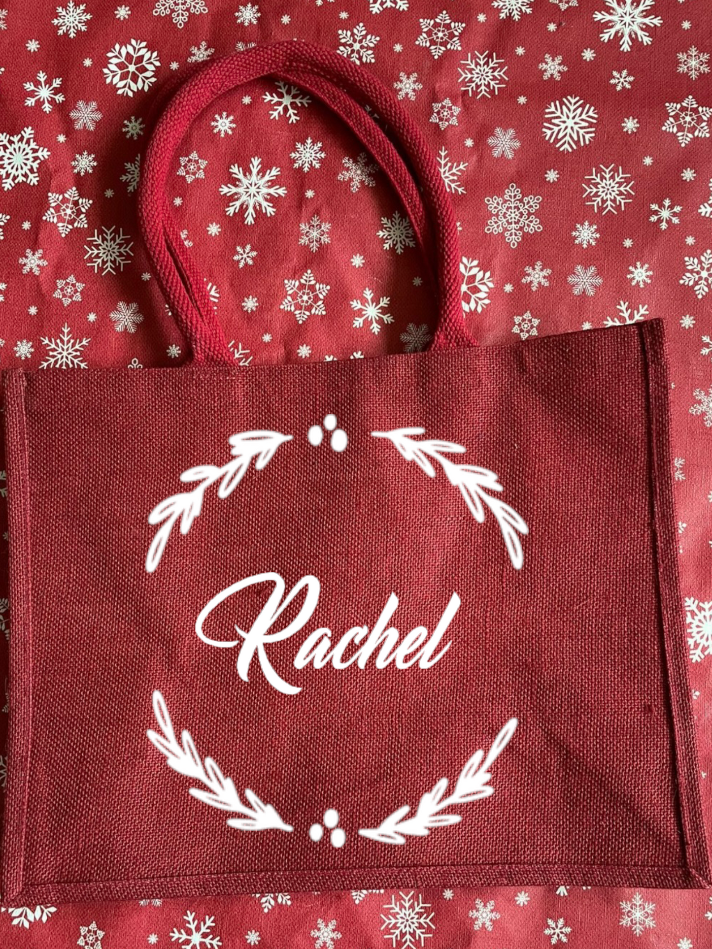 Large hessian / jute personalised Christmas tote bag. Gift or shopping bag, choice of designs.