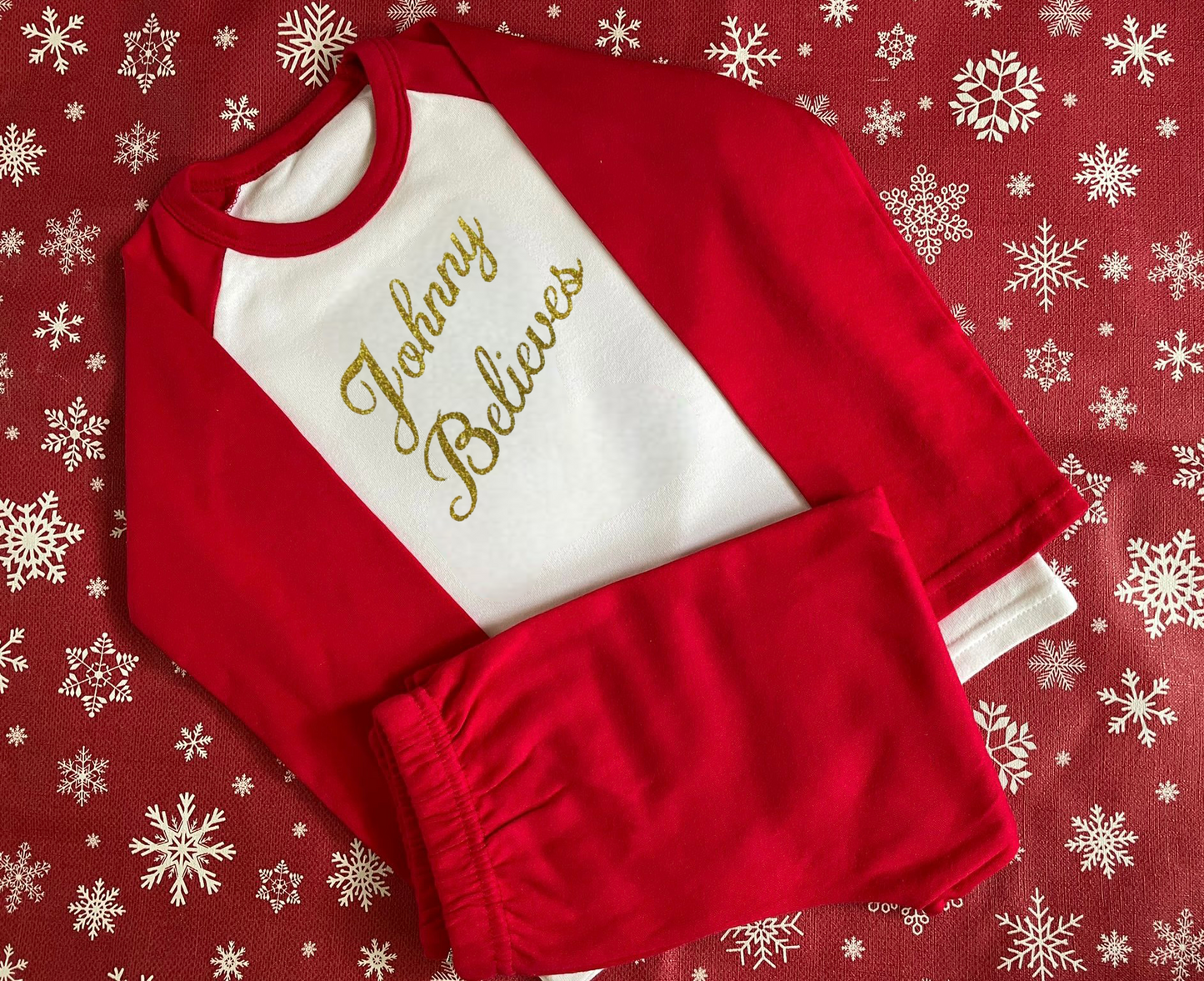 Personalised Christmas Pyjamas - 100% cotton xmas gift. Christmas eve - Believes