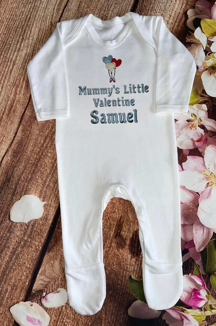 Valentine's onesie / sleepsuit embroidered & personalised with name. Gift, keepsake