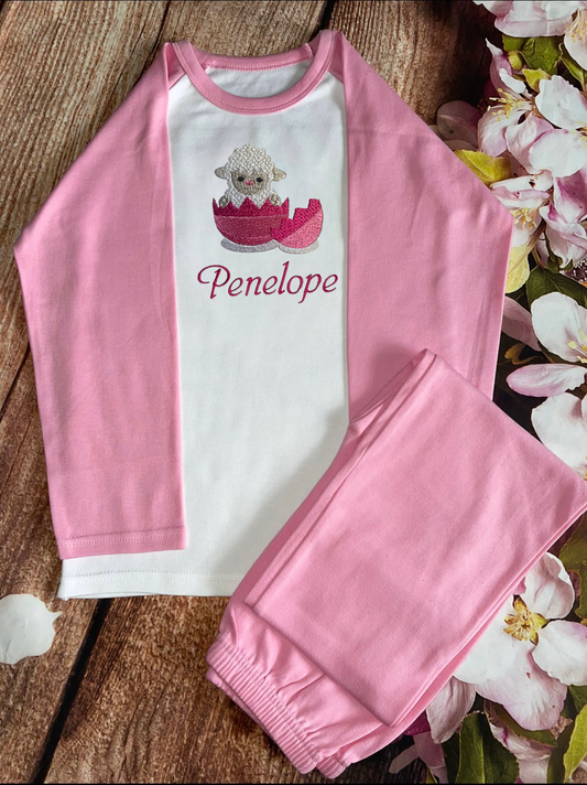NEW design - Hatching Lamb Personalised Easter Embroidered 100% Cotton Pyjamas, keepsake PJ's