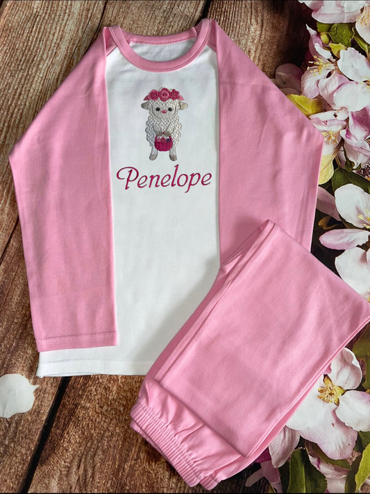 NEW design - Easter Lamb Personalised Easter Embroidered 100% Cotton Pyjamas,  keepsake PJ's