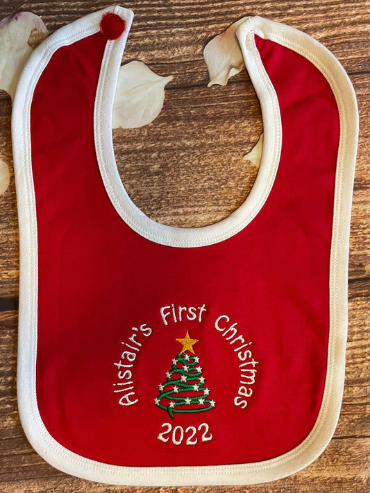 Personalised First Christmas Bib with any name. Embroidered gift and keepsake