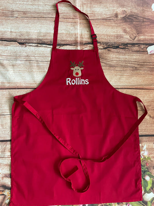 Christmas Embroidered apron, personalised with Rudolf & name. High quality