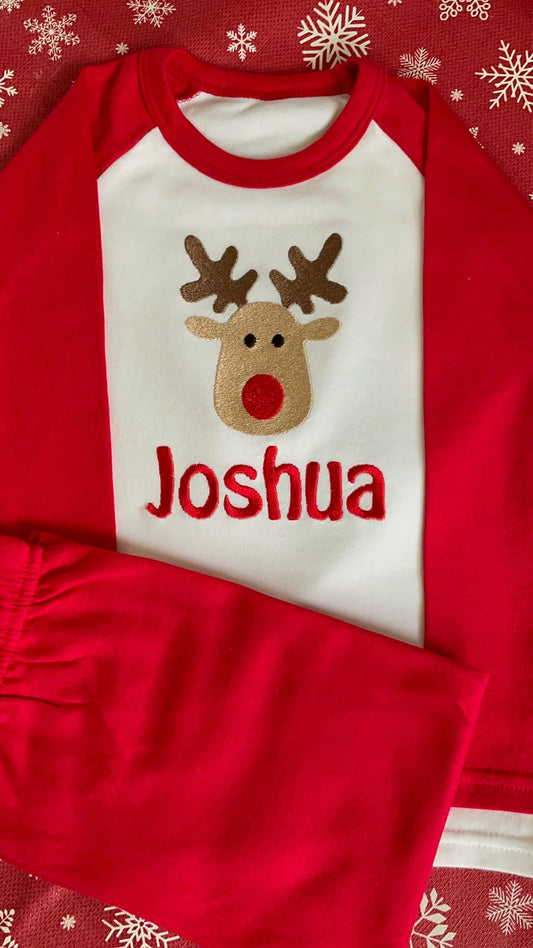 Rudolf Christmas pyjamas, embroidered & personalised with name. Matching, Gift, keepsake, high quality, soft, PJ's