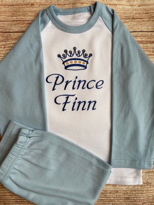 Personalised Embroidered 100% Cotton Prince Pyjamas - Blue.