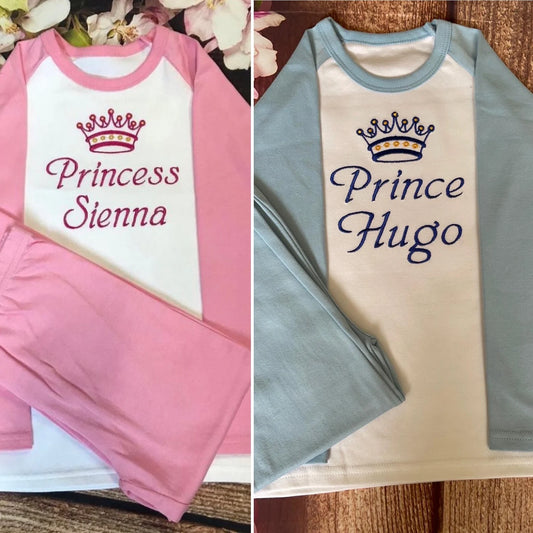 Personalised Embroidered 100% Cotton Prince Princess Pyjamas