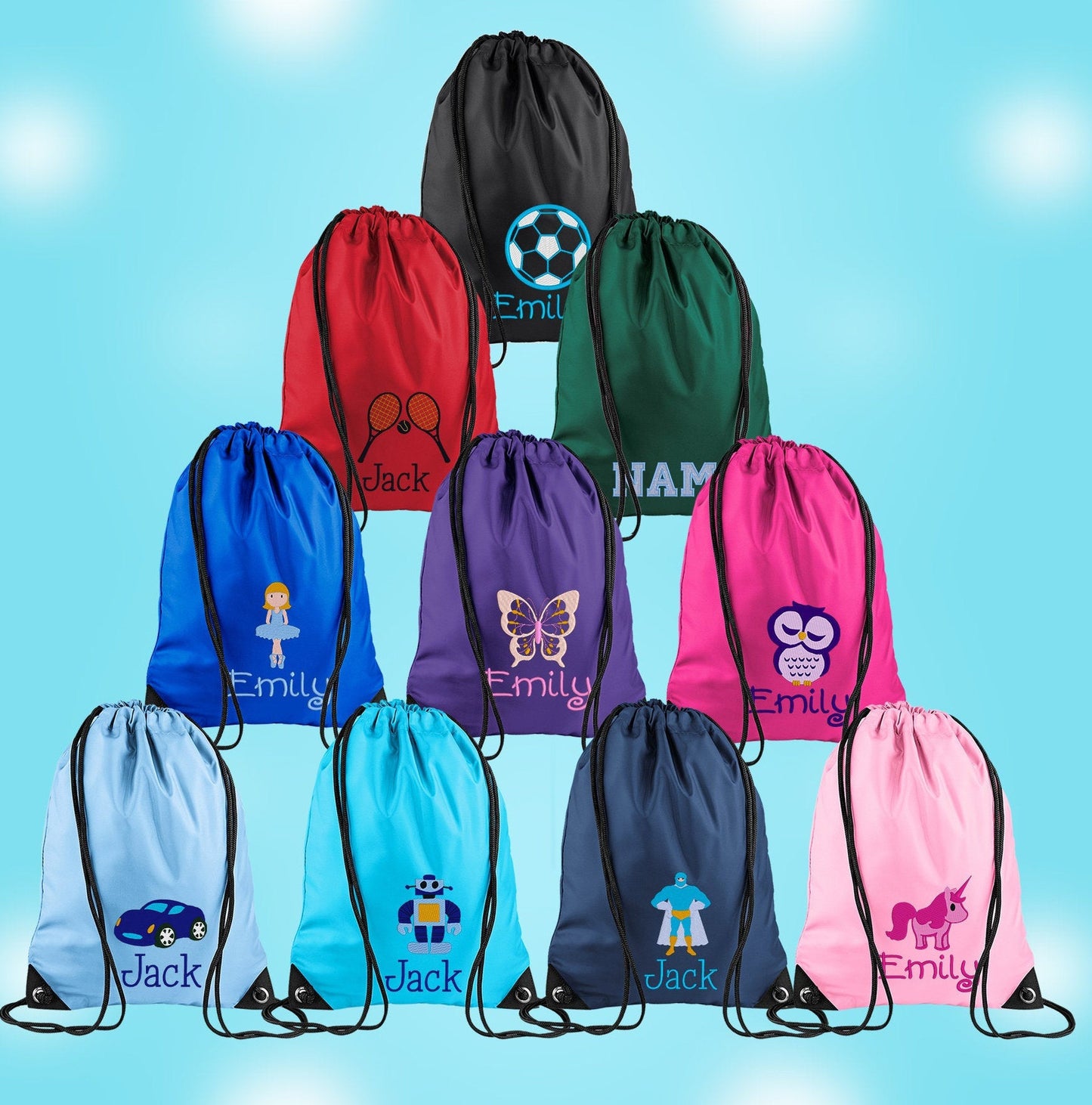 Embroidered 70s Text Personalised PE Bag, Kit Bag Drawstring Bag
