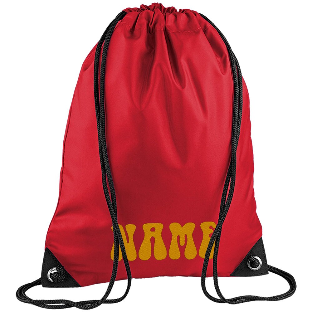 Embroidered 70s Text Personalised PE Bag, Kit Bag Drawstring Bag