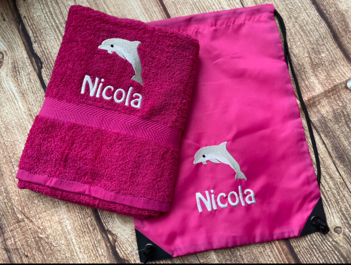 Embroidered swimming towel and bag set personalised dolphin design