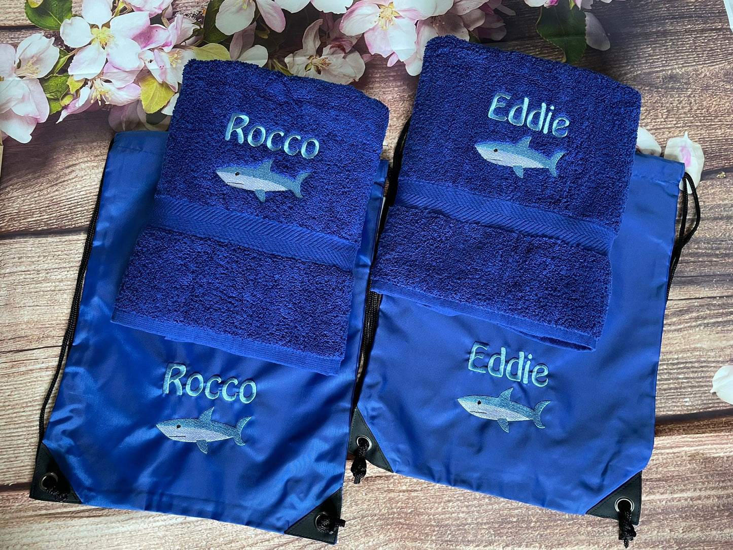 Embroidered swimming towel and bag set personalised shark design