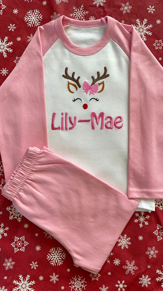 Sleeping reindeer Christmas pyjamas, embroidered & personalised with name. Matching, Gift, keepsake, high quality, soft, PJ's