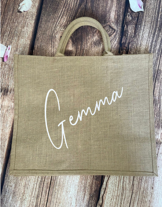 Large hessian tote jute bag, personalised with name. Ideal gift