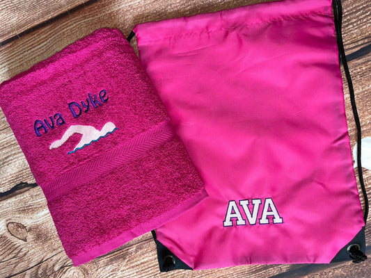 Swimming towel and bag set personalised swimmer design