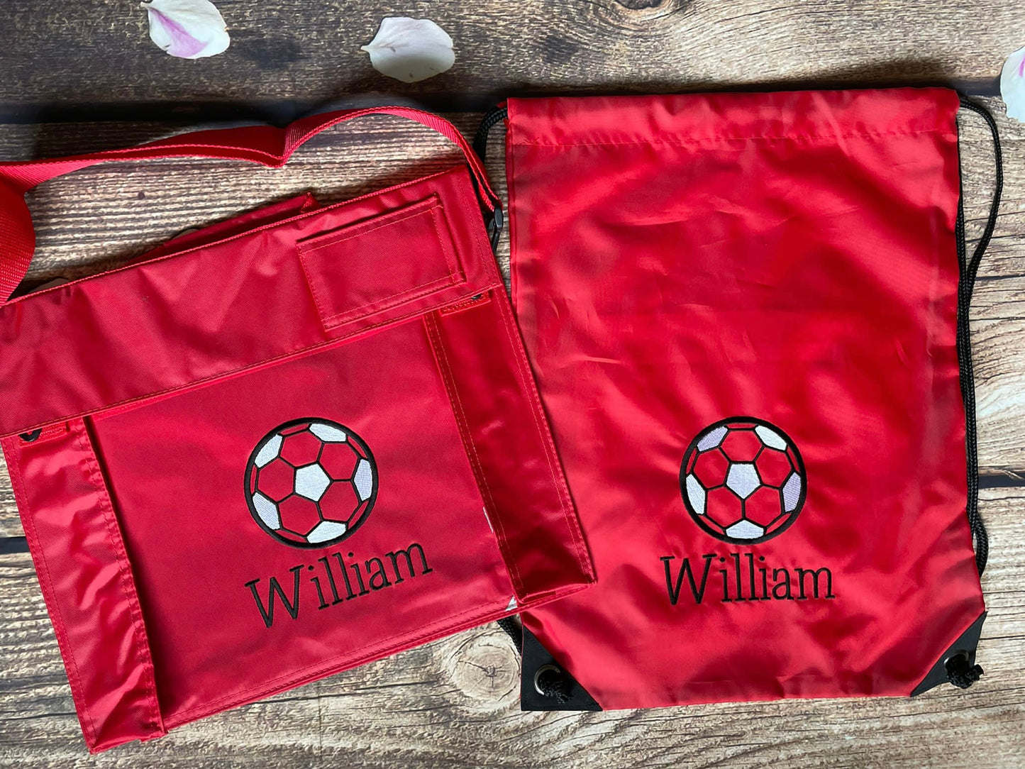 Set - matching book bag and pe bag for school. Personalised with name and motif.