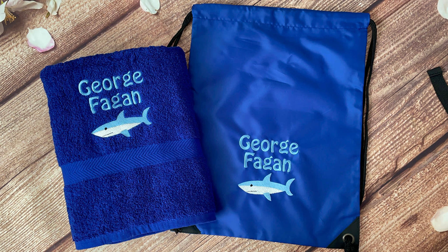 Embroidered swimming towel and bag set personalised shark design