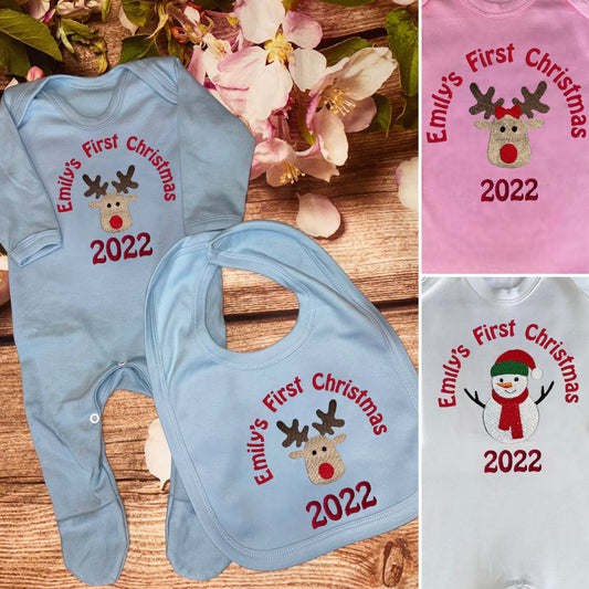 First Christmas bib / baby grow sleepsuit, embroidered & personalised with name. Choice of designs. Keepsake gift